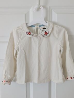 Mini Boden Cream Long-Sleeve Top with Embroidered Peter Pan Collar